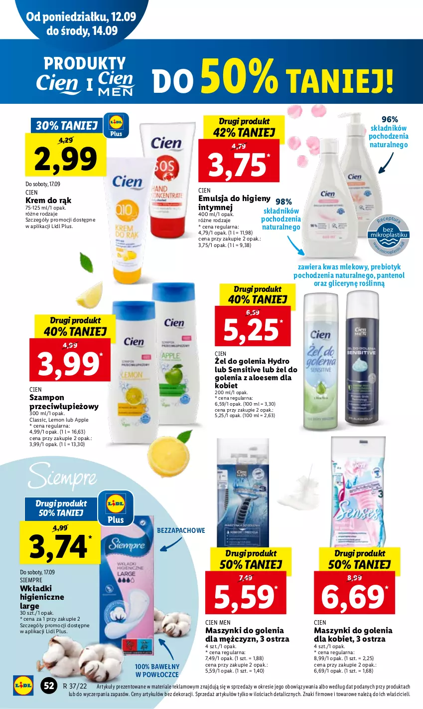 Gazetka promocyjna Lidl - GAZETKA - ważna 12.09 do 14.09.2022 - strona 54 - produkty: Emulsja, Krem do rąk, Mleko, Szampon, Wkładki