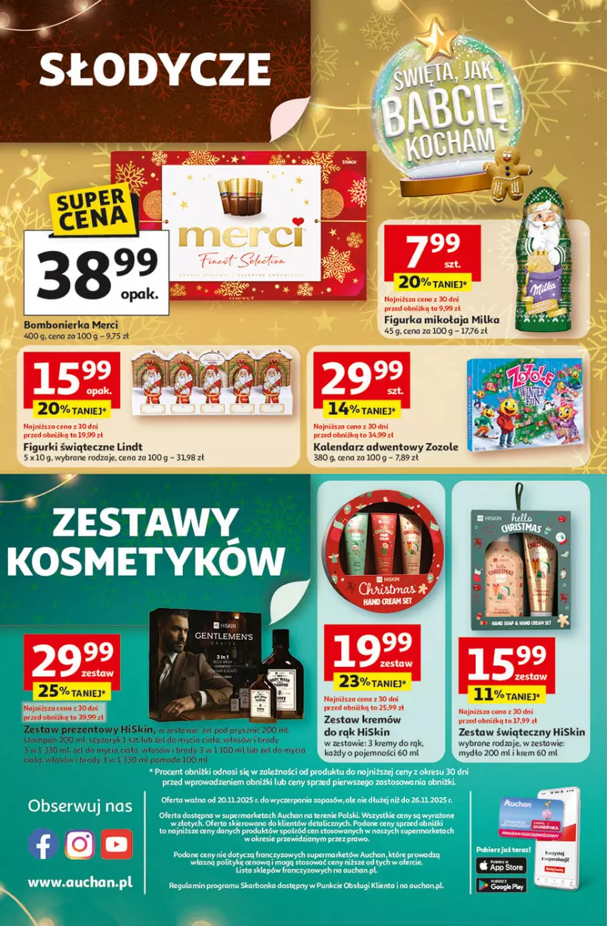 Gazetka promocyjna Auchan - Gazetka Święta jak babcię kocham Supermarket Auchan - ważna 20.11 do 26.11.2025 - strona 8 - produkty: Kalendarz, Kalendarz adwentowy, Lalka, Lindt, Merci, Milka, Mydło, Pomada, Zestaw prezentowy