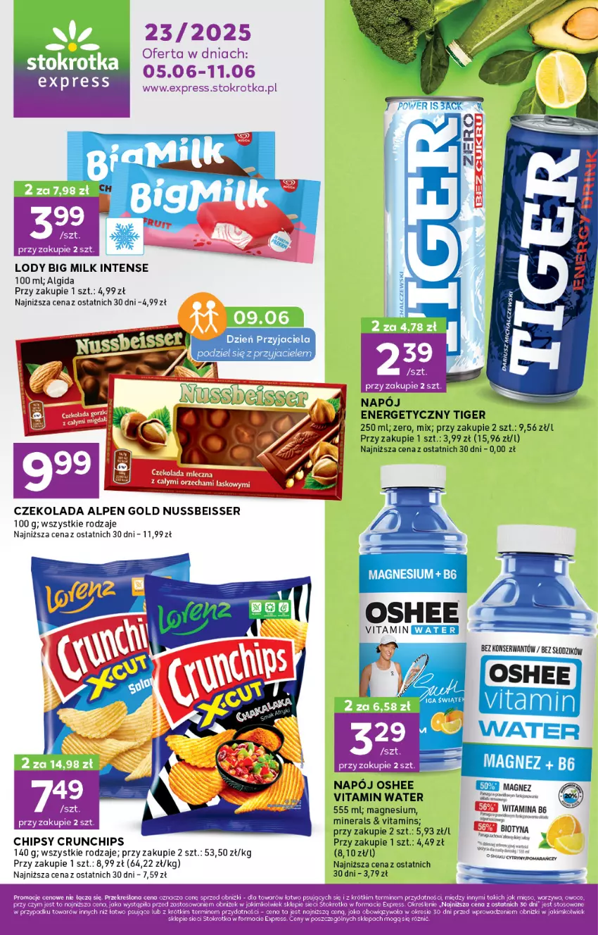 Gazetka promocyjna Stokrotka - Stokrotka Express - ważna 05.06 do 11.06.2025 - strona 1 - produkty: Algida, Big Milk, Chipsy, Crunchips, Czekolada, Czekolada mleczna, LG, Lody, Magnez, Mięso, Napój, Napój energetyczny, Oshee, Ser, Tiger