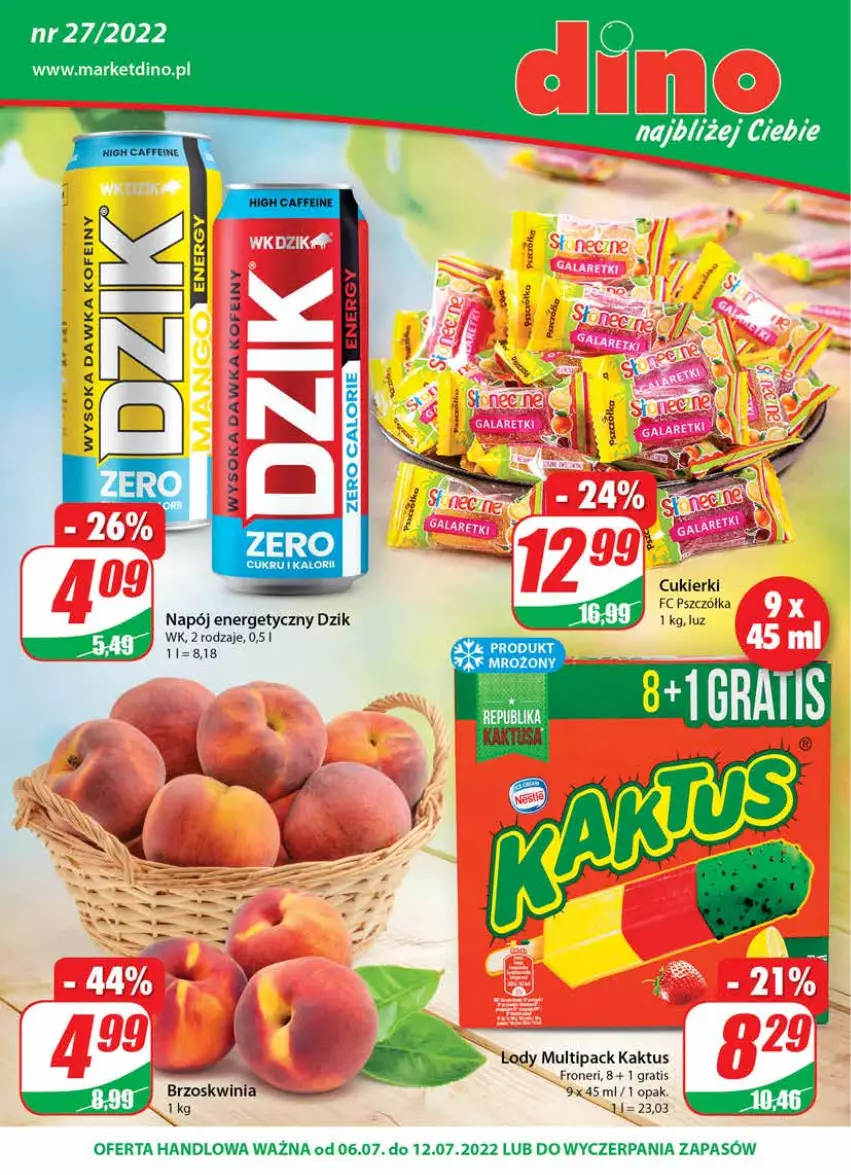 Gazetka promocyjna Dino - Gazetka - ważna 06.07 do 12.07.2022 - strona 1 - produkty: Cukier, Cukierki, Gra, JBL, Kaktus, Napój, Napój energetyczny, Sok