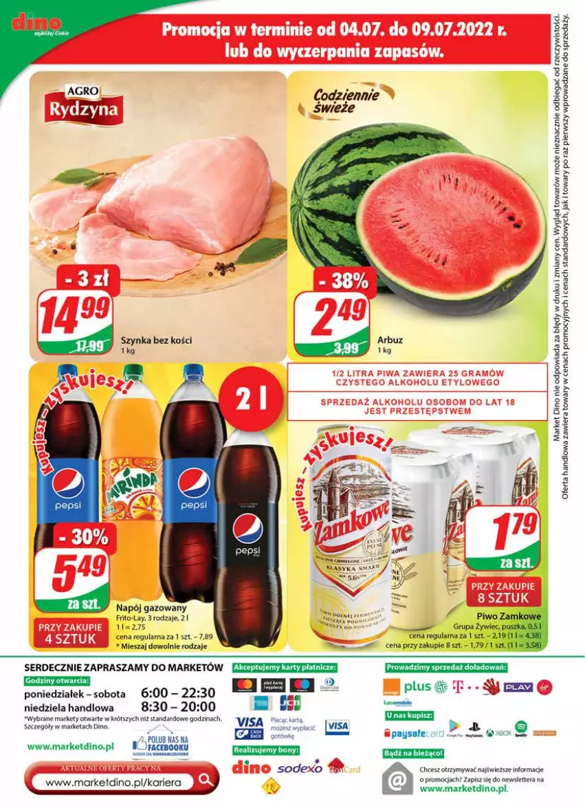 Gazetka promocyjna Dino - Gazetka - ważna 06.07 do 12.07.2022 - strona 24 - produkty: Arbuz, Fa, JBL, Napój, Napój gazowany, Pepsi, Piwo, Ser, Szynka, Tera