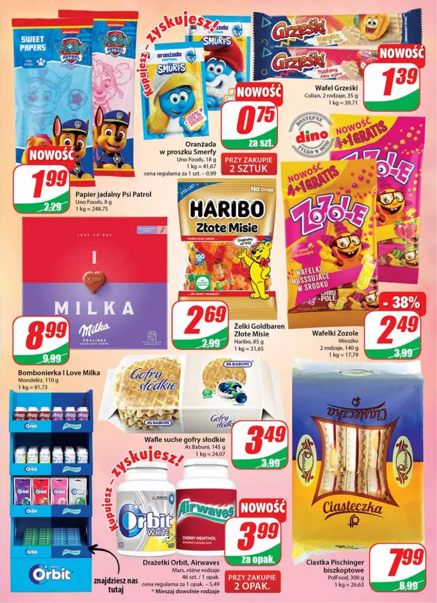 Gazetka promocyjna Dino - Gazetka - ważna 06.07 do 12.07.2022 - strona 3 - produkty: Babuni, Ciastka, Grześki, Haribo, Mars, Milka, Oranżada, Orbit, Papier, Psi Patrol, Wafle