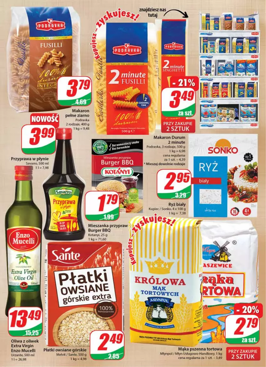 Gazetka promocyjna Dino - Gazetka - ważna 06.07 do 12.07.2022 - strona 7 - produkty: Burger, Gin, Kupiec, Mąka, Mąka pszenna, Makaron, Młynpol, Oliwa z oliwek, Piec, Płatki owsiane, Podravka, Przyprawa w płynie, Rum, Sante, Savarro, Sonko