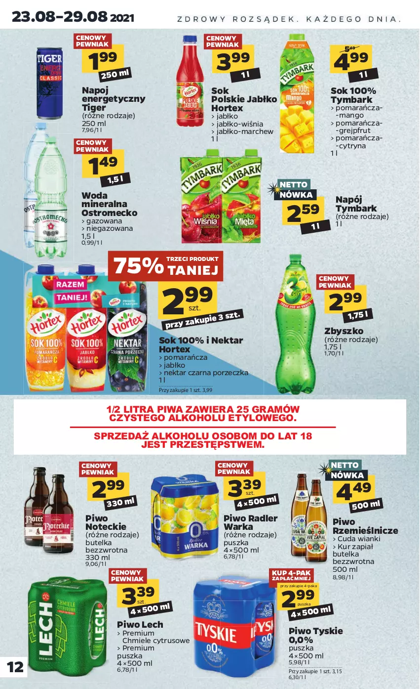 Gazetka promocyjna Netto - Gazetka spożywcza - ważna 23.08 do 28.08.2021 - strona 12 - produkty: Gra, Grejpfrut, Hortex, Mango, Napój, Nektar, Piwa, Piwo, Por, Radler, Sok, Tiger, Tymbark, Tyskie, Warka, Woda, Woda mineralna