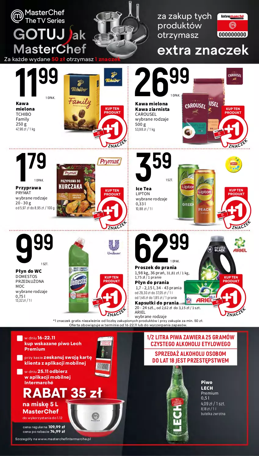 Gazetka promocyjna Intermarche - Gazetka Intermarche - ważna 16.11 do 22.11.2023 - strona 10 - produkty: Ariel, Domestos, Fa, Gra, Ice tea, Kapsułki do prania, Kawa, Kawa mielona, Kawa ziarnista, Lech Premium, Lipton, Mobil, Piwa, Piwo, Płyn do prania, Płyn do wc, Proszek do prania, Prymat, Tchibo, Tchibo Family