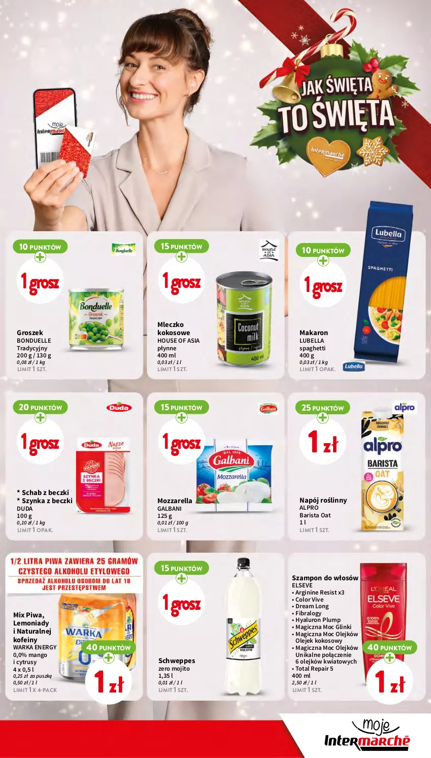 Gazetka promocyjna Intermarche - Gazetka Intermarche - ważna 16.11 do 22.11.2023 - strona 13 - produkty: Alpro, Bell, Bella, Bonduelle, Duda, Elseve, Galbani, Gin, Groszek, House of Asia, Kokos, Lubella, Makaron, Mango, Mleczko, Mozzarella, Napój, Napój roślinny, Olej, Piwa, Schweppes, Spaghetti, Szampon, Szynka, Szynka z beczki, Warka