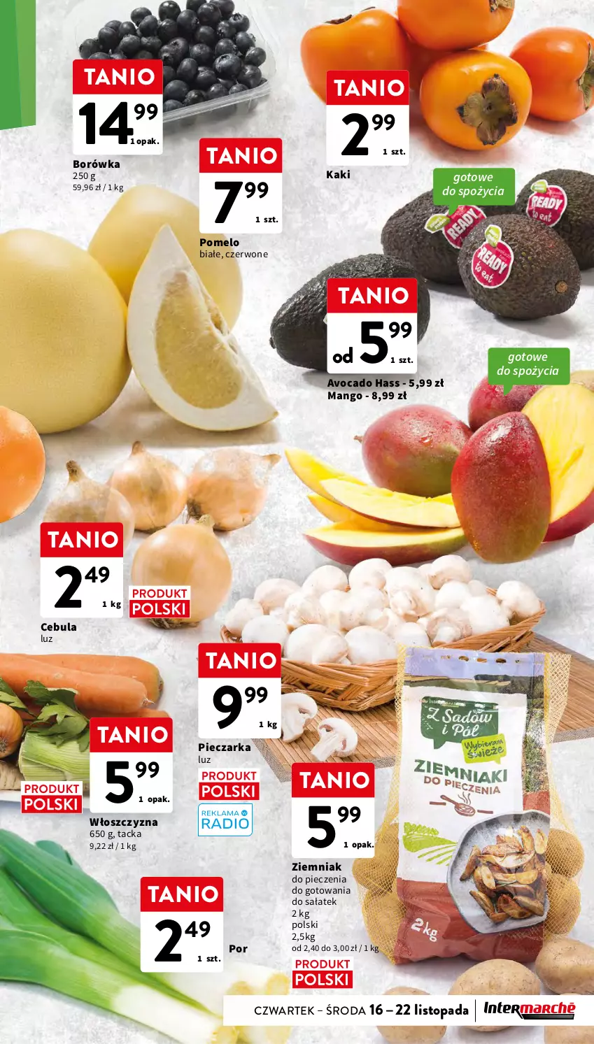 Gazetka promocyjna Intermarche - Gazetka Intermarche - ważna 16.11 do 22.11.2023 - strona 21 - produkty: Avocado, Borówka, Cebula, Kaki, Mango, Piec, Pieczarka, Pomelo, Por, Sałat, Top