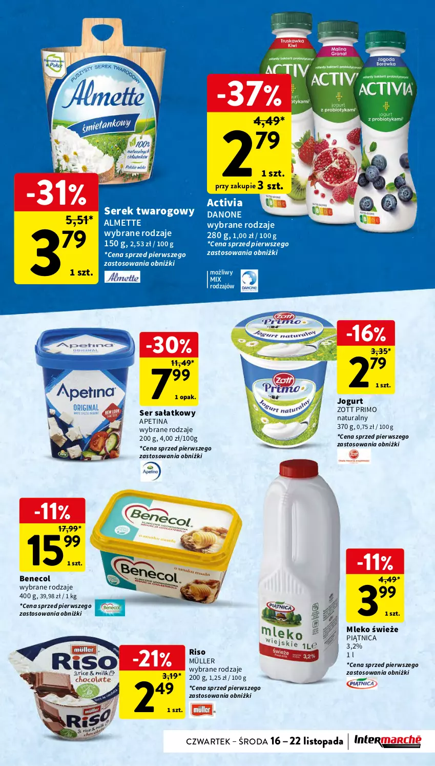 Gazetka promocyjna Intermarche - Gazetka Intermarche - ważna 16.11 do 22.11.2023 - strona 29 - produkty: Activia, Almette, Benecol, Danone, Jogurt, Mleko, Müller, Piątnica, Sałat, Ser, Serek, Serek twarogowy, Top, Zott, Zott Primo