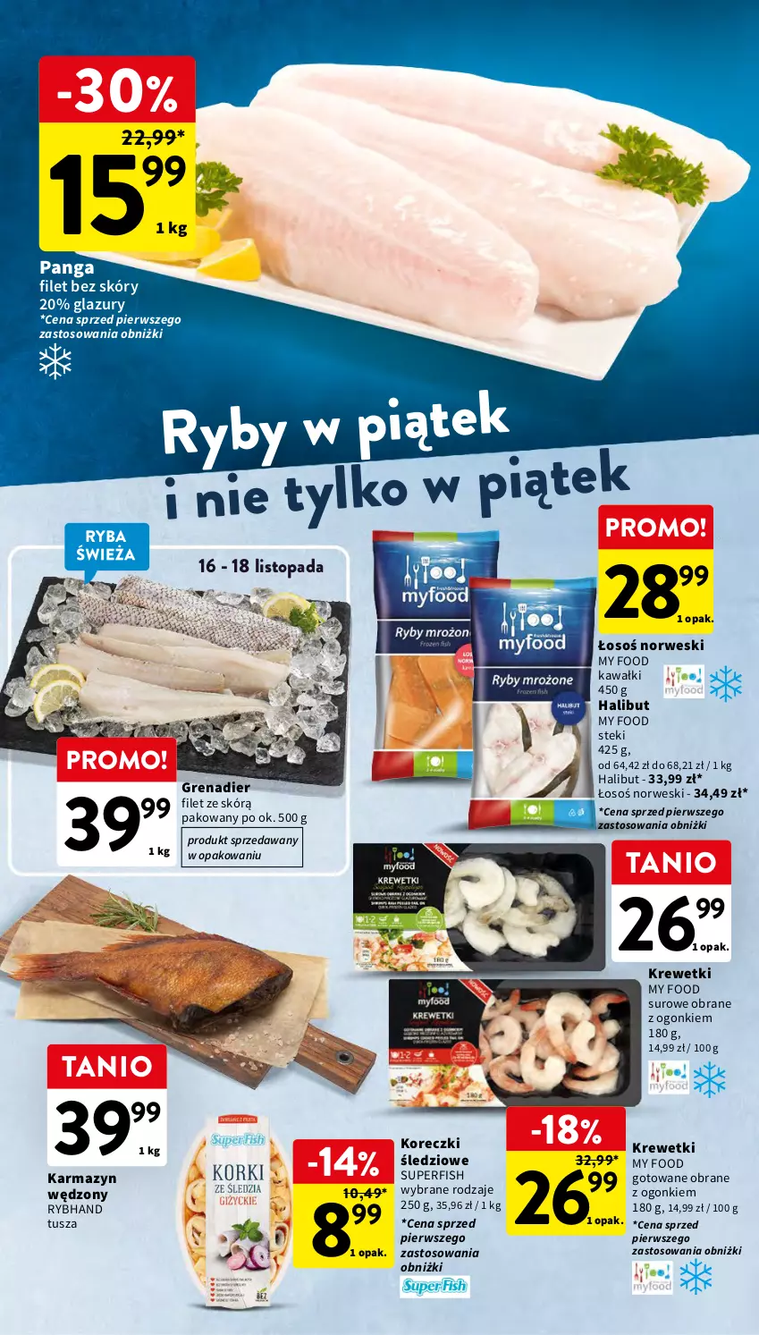 Gazetka promocyjna Intermarche - Gazetka Intermarche - ważna 16.11 do 22.11.2023 - strona 30 - produkty: Grenadier, Halibut, Karmazyn wędzony, Kawa, Koreczki śledziowe, Krewetki, Lazur, Panga, Ryba, Stek, Top, Tusz