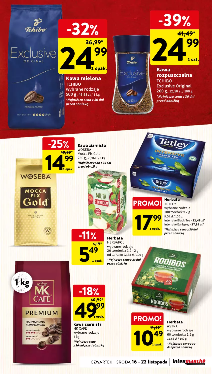 Gazetka promocyjna Intermarche - Gazetka Intermarche - ważna 16.11 do 22.11.2023 - strona 33 - produkty: Earl Grey, Gin, Herbapol, Herbata, Kawa, Kawa mielona, Kawa rozpuszczalna, Kawa ziarnista, Lack, Mocca Fix Gold, Tchibo, Tetley, Top, Woseba