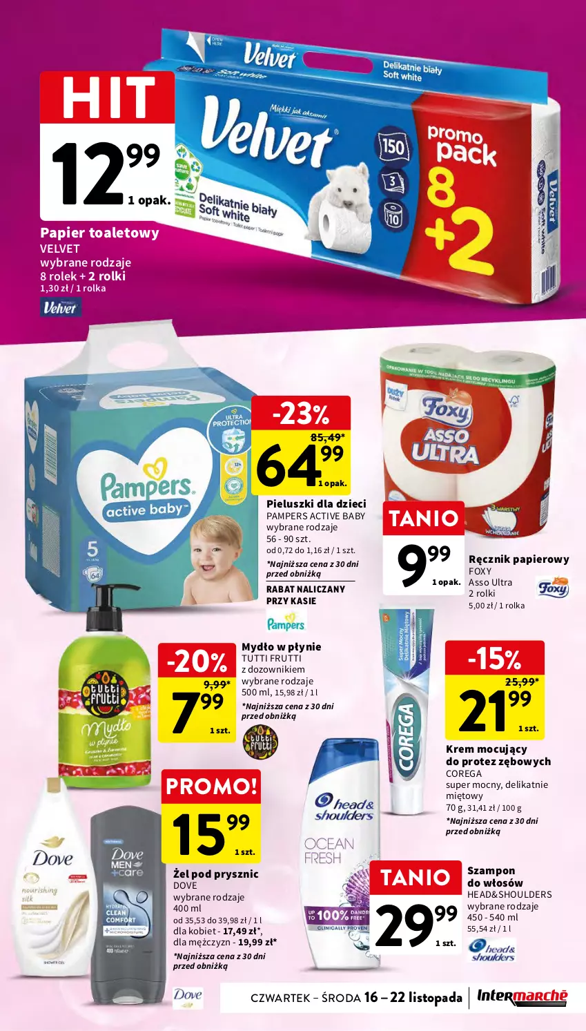 Gazetka promocyjna Intermarche - Gazetka Intermarche - ważna 16.11 do 22.11.2023 - strona 41 - produkty: Corega, Dove, Dozownik, Dzieci, Foxy, Mydło, Mydło w płynie, Pampers, Papier, Papier toaletowy, Ręcznik, Rolki, Szampon, Top, Velvet