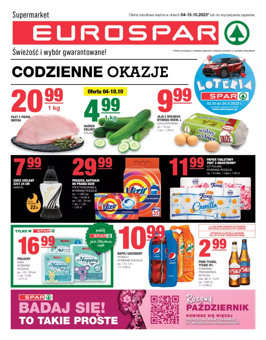 Gazetka promocyjna Spar - EuroSpar - ważna 01.10 do 11.10.2023 - strona 1 - produkty: Foxy, Jaja, K2, Napój, Napój gazowany, Papier, Papier toaletowy, Pepsi, Pieluchy, Piwo, Tera, Tyskie, Vizir, Znicz