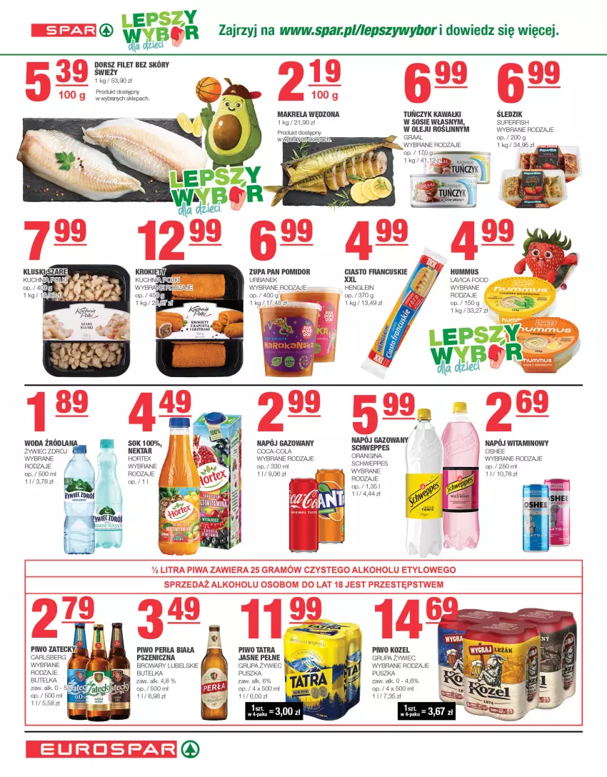 Gazetka promocyjna Spar - EuroSpar - ważna 01.10 do 11.10.2023 - strona 4 - produkty: Carlsberg, Ciasto francuskie, Coca-Cola, Dorsz, Gin, Gra, Graal, Hortex, Hummus, Kawa, Kozel, Krokiety, Kuchnia, LANA, Mus, Napój, Napój gazowany, Nektar, Olej, Oshee, Perła, Piwo, Por, Portal, Sos, Tatra, Tuńczyk, Woda, Zupa