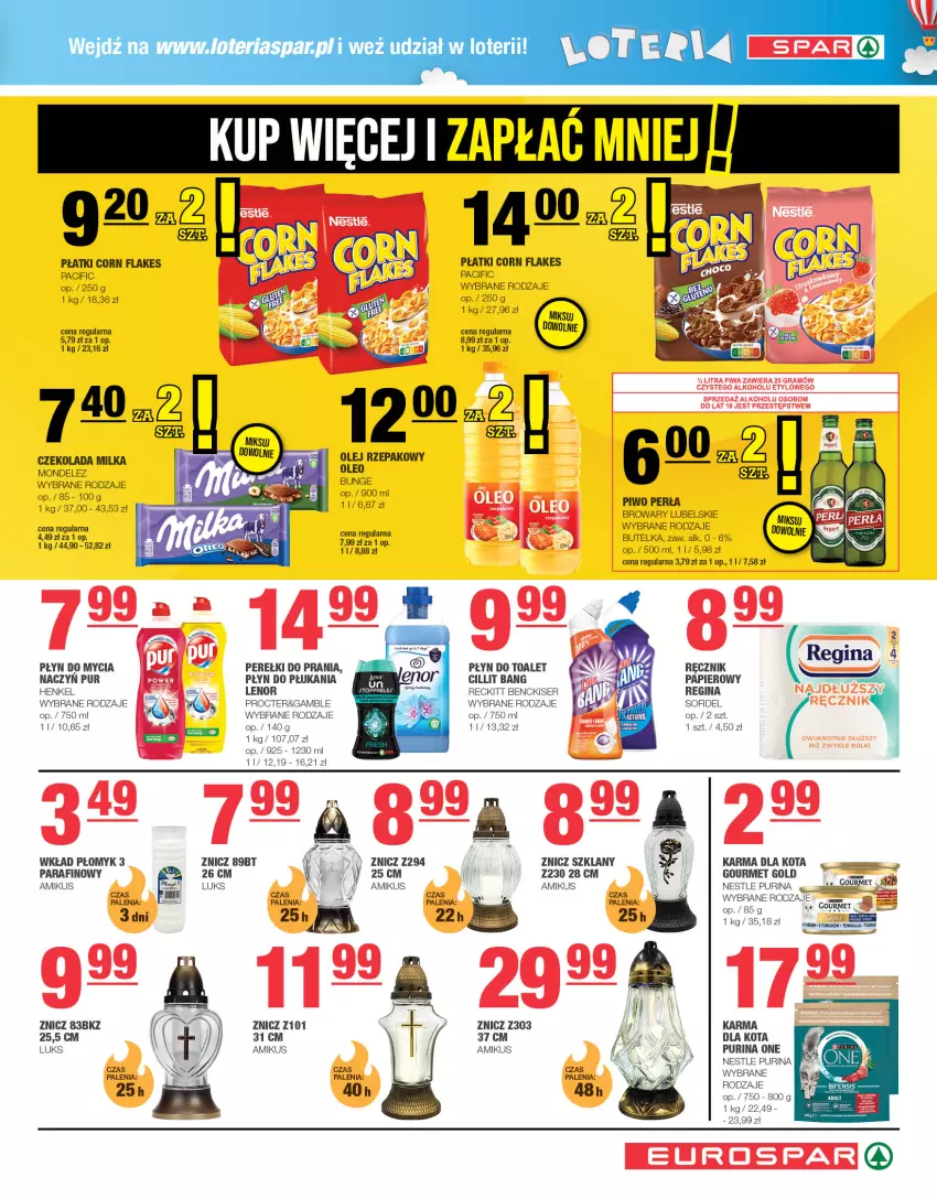 Gazetka promocyjna Spar - EuroSpar - ważna 01.10 do 11.10.2023 - strona 7 - produkty: Cif, Cillit Bang, Corn flakes, Czekolada, Gin, Gourmet Gold, Gra, Lenor, Milka, Olej, Olej rzepakowy, Oleo, Papier, Piwa, Płyn do mycia, Płyn do płukania, Pur, Purina, Ręcznik, Ser, Znicz