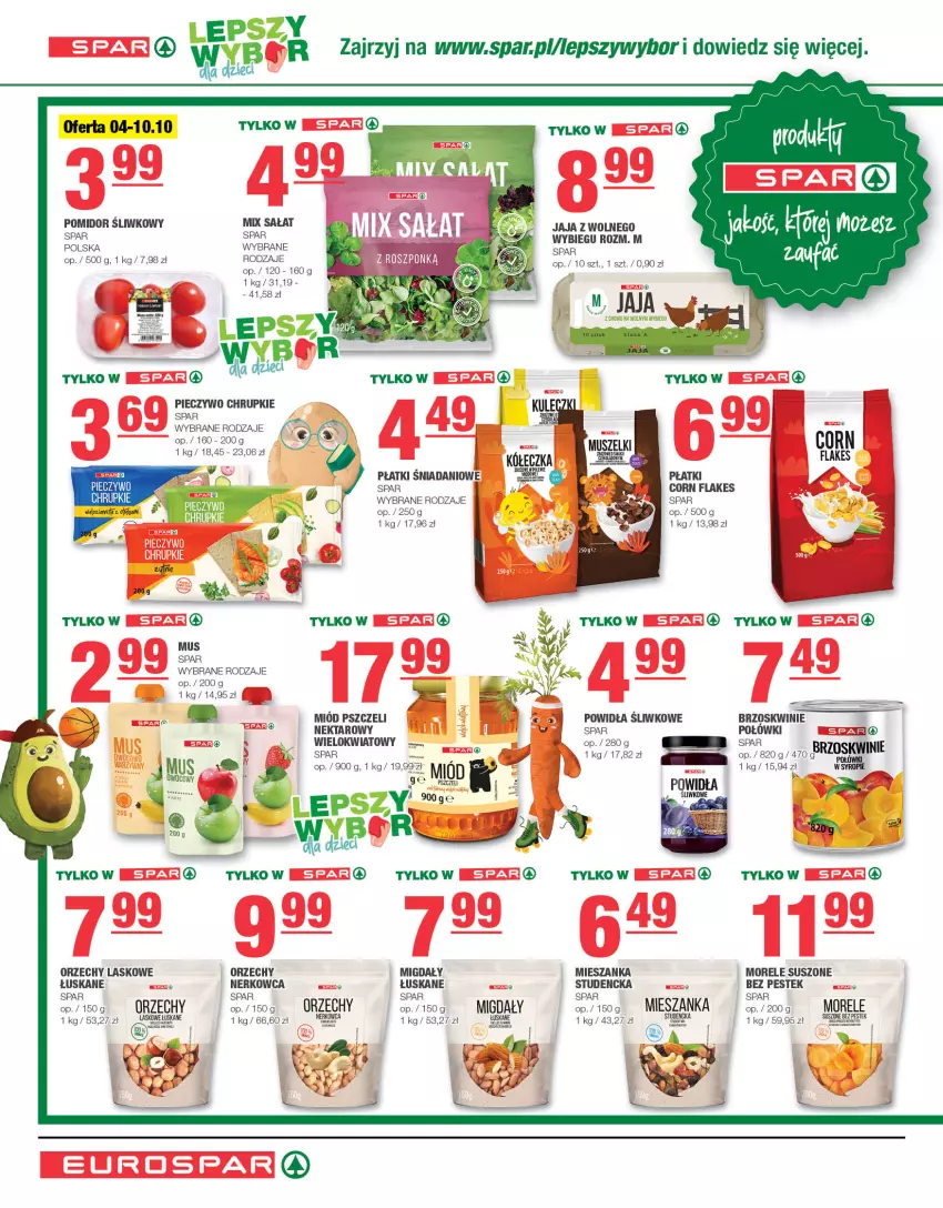 Gazetka promocyjna Spar - EuroSpar - ważna 01.10 do 11.10.2023 - strona 8 - produkty: Brzoskwinie, Chrupki, Corn flakes, Danio, Jaja, Migdały, Miód, Mus, Nektar, Piec, Pieczywo, Pieczywo chrupkie, Sałat, Stek