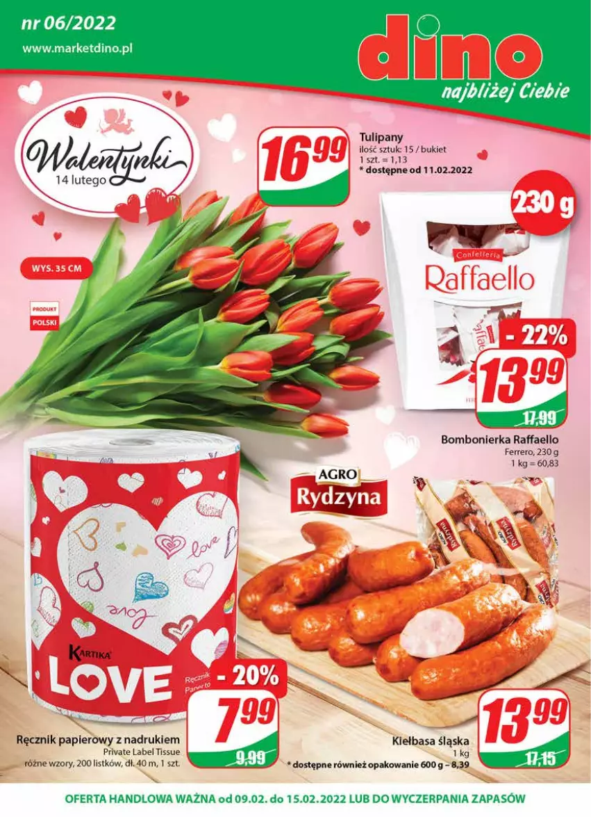 Gazetka promocyjna Dino - Gazetka - ważna 09.02 do 15.02.2022 - strona 1 - produkty: Bukiet, Fa, Ferrero, JBL, Kiełbasa, Kiełbasa śląska, Papier, Raffaello, Ręcznik, Tulipan