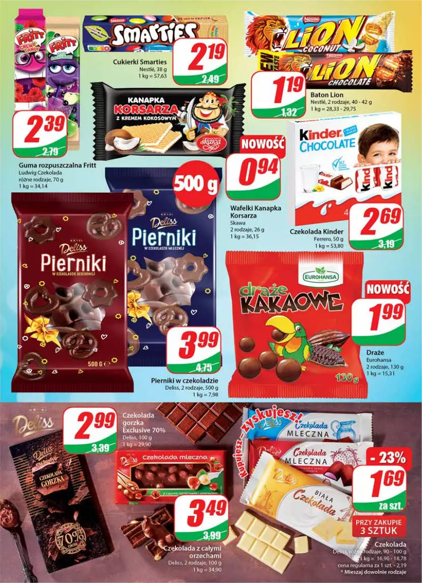 Gazetka promocyjna Dino - Gazetka - ważna 09.02 do 15.02.2022 - strona 3 - produkty: Baton, Cukier, Cukierki, Czekolada, Deliss, Ferrero, Guma rozpuszczalna, Kawa, Kinder, Lion, Miecz, Piernik, Pierniki w czekoladzie