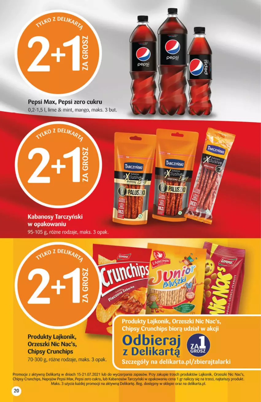 Gazetka promocyjna Delikatesy Centrum - Gazetka Delikatesy Centrum - ważna 15.07 do 21.07.2021 - strona 20 - produkty: Chipsy, Crunchips, Kabanos, Lajkonik, Mango, Orzeszki, Pepsi, Pepsi max, Tarczyński