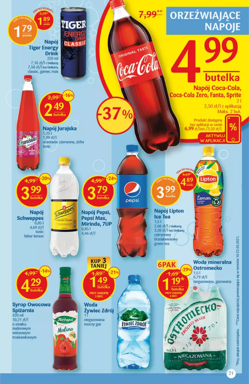 Gazetka promocyjna Delikatesy Centrum - Gazetka Delikatesy Centrum - ważna 15.07 do 21.07.2021 - strona 21 - produkty: 7up, Coca-Cola, Fa, Fanta, LG, Lipton, Mirinda, Napój, Oranżada, Pepsi, Pepsi max, Schweppes, Sprite, Syrop, Tiger, Woda, Woda mineralna