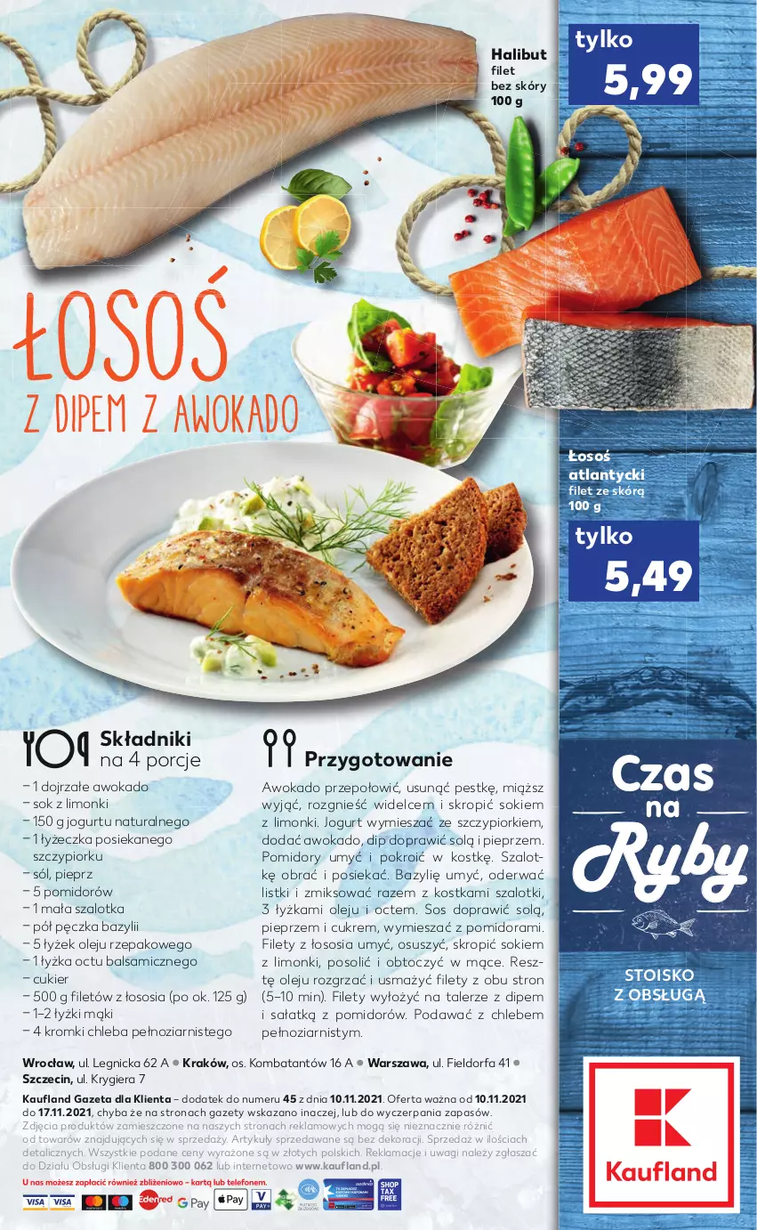 Gazetka promocyjna Kaufland - RYBY - ważna 10.11 do 17.11.2021 - strona 2 - produkty: Bazyl, Chleb, Cukier, Fa, Halibut, Jogurt, Olej, Pieprz, Pomidory, Por, Sałat, Sok, Sól, Sos, Szal, Talerz, Wagi