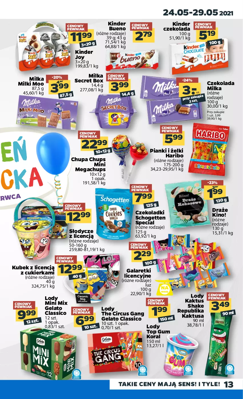 Gazetka promocyjna Netto - Gazetka spożywcza - ważna 24.05 do 29.05.2021 - strona 13 - produkty: Chupa Chups, Cukier, Czekolada, Gala, Galaretki, Haribo, Kaktus, Kinder, Kinder Bueno, Kubek, Lody, Milka, Schogetten, Top