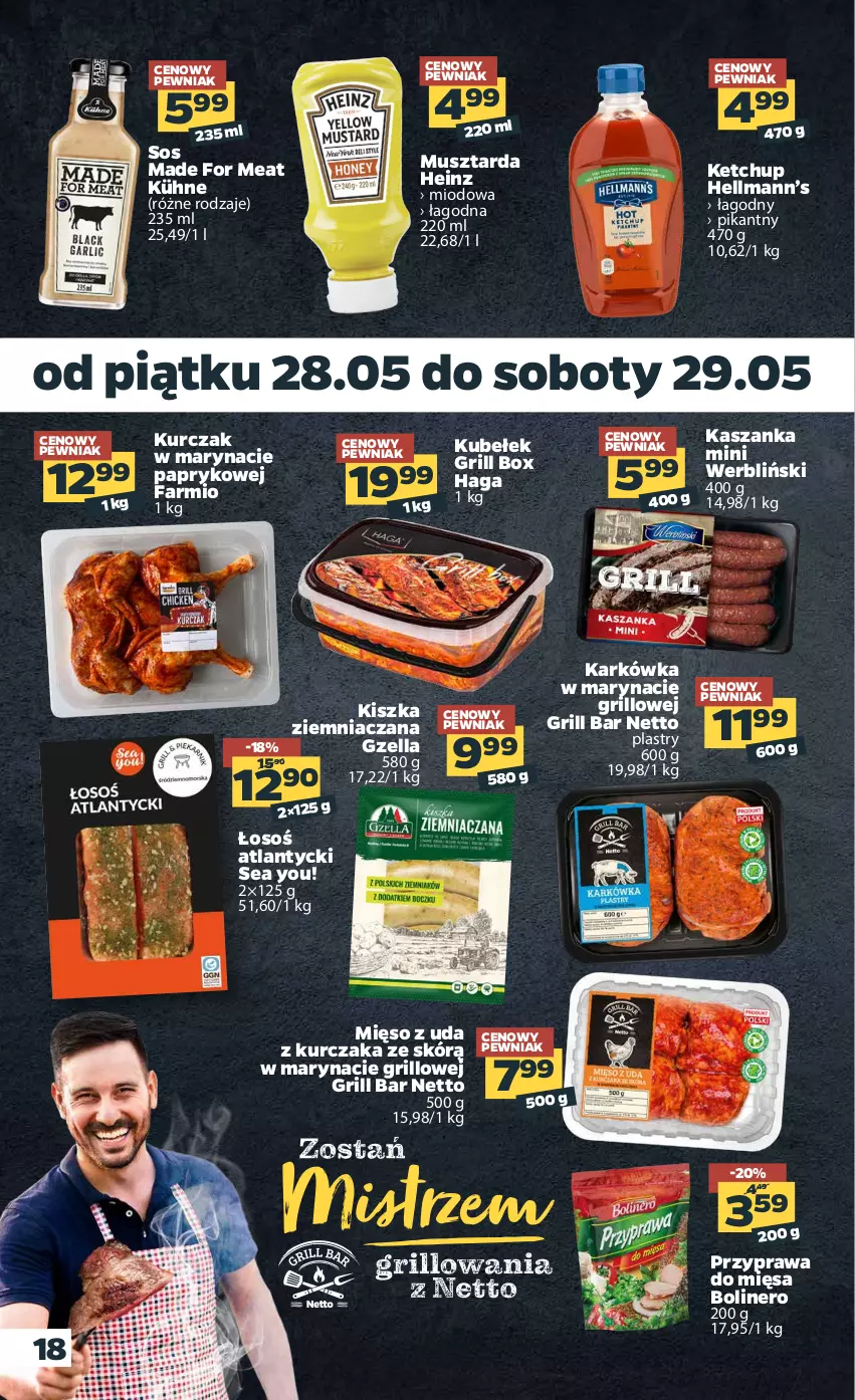 Gazetka promocyjna Netto - Gazetka spożywcza - ważna 24.05 do 29.05.2021 - strona 18 - produkty: Fa, Grill, Heinz, Hellmann’s, Kasza, Kaszanka, Ketchup, Kurczak, Mięso, Mus, Musztarda, Sos