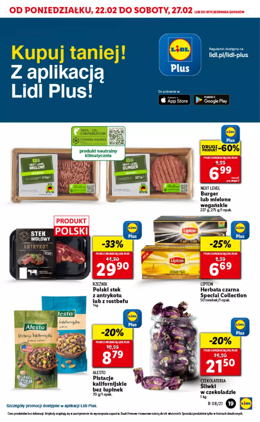 Gazetka promocyjna Lidl - GAZETKA - ważna 22.02 do 24.02.2021 - strona 19 - produkty: Burger, Herbata, Herbata czarna, Lipton, Pistacje, Rostbef, Stek