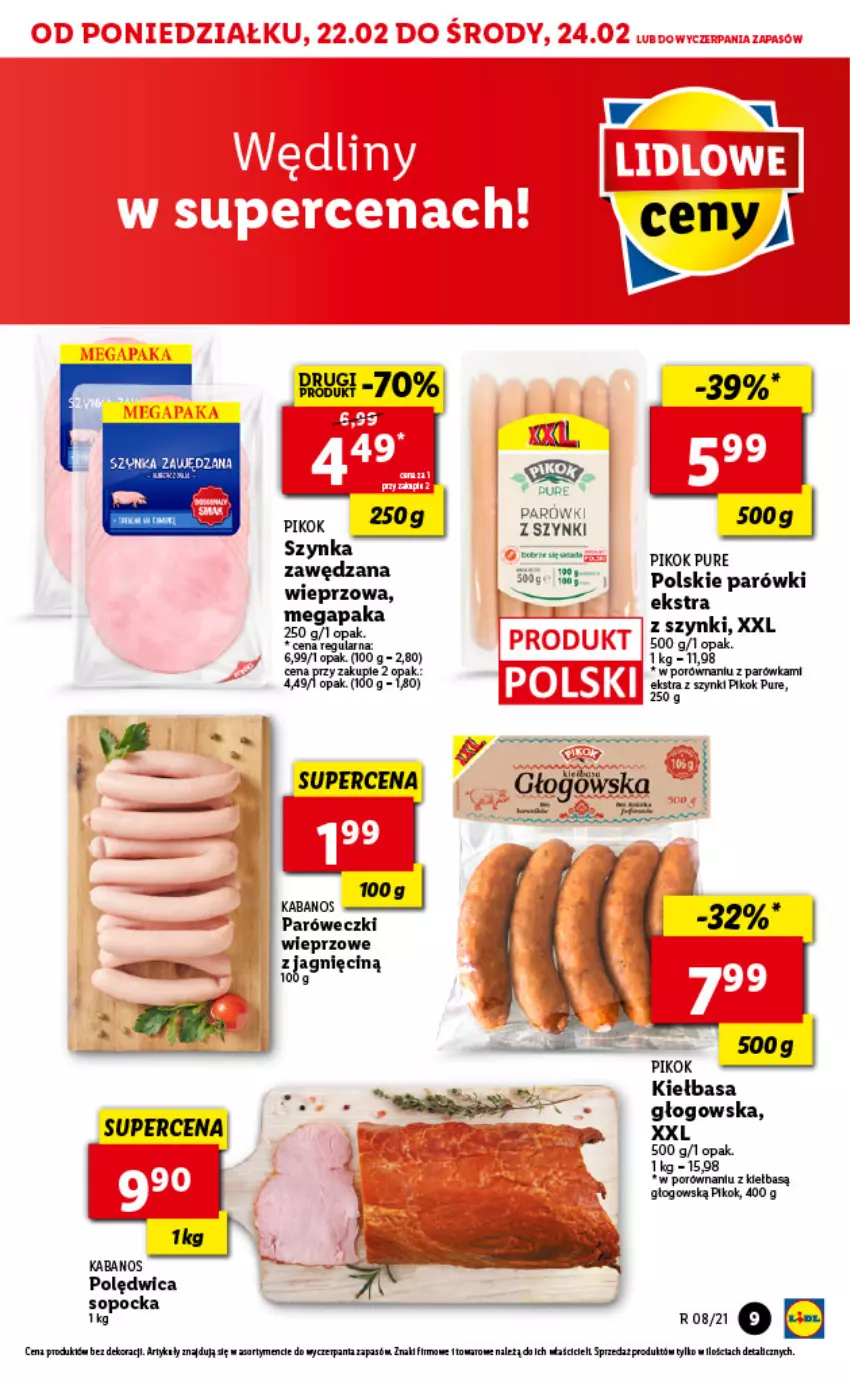 Gazetka promocyjna Lidl - GAZETKA - ważna 22.02 do 24.02.2021 - strona 9 - produkty: Kabanos, Kiełbasa, Kiełbasa głogowska, Parówki, PIKOK, Polędwica, Por, Pur, Szynka