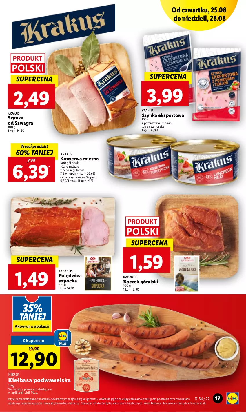 Gazetka promocyjna Lidl - GAZETKA - ważna 25.08 do 28.08.2022 - strona 17 - produkty: Boczek, Gra, Kabanos, Kiełbasa, Kiełbasa podwawelska, Krakus, PIKOK, Polędwica, Por, Ser, Sport, Szynka, Wawel