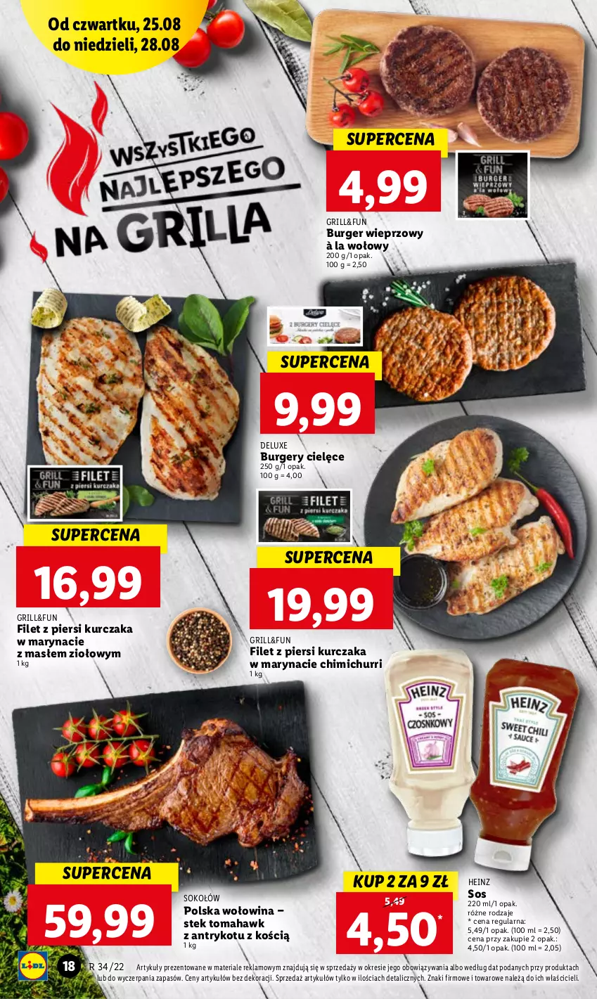 Gazetka promocyjna Lidl - GAZETKA - ważna 25.08 do 28.08.2022 - strona 18 - produkty: Burger, Filet z piersi kurczaka, Grill, Heinz, Kurczak, Sok, Sokołów, Sos, Stek, Wołowina