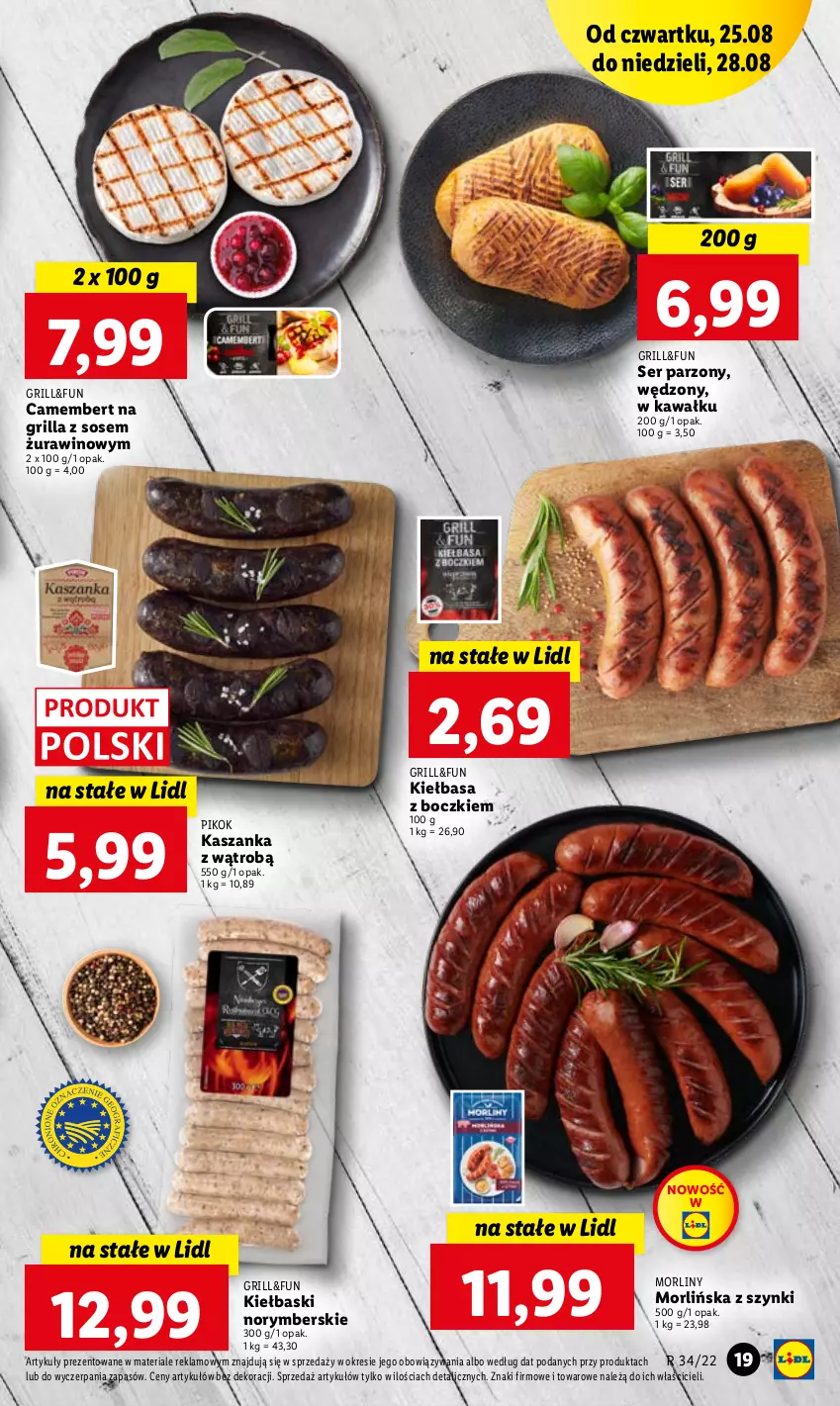 Gazetka promocyjna Lidl - GAZETKA - ważna 25.08 do 28.08.2022 - strona 19 - produkty: Camembert, Grill, Kasza, Kaszanka, Kawa, Kiełbasa, Morliny, PIKOK, Ser, Sos, Wino