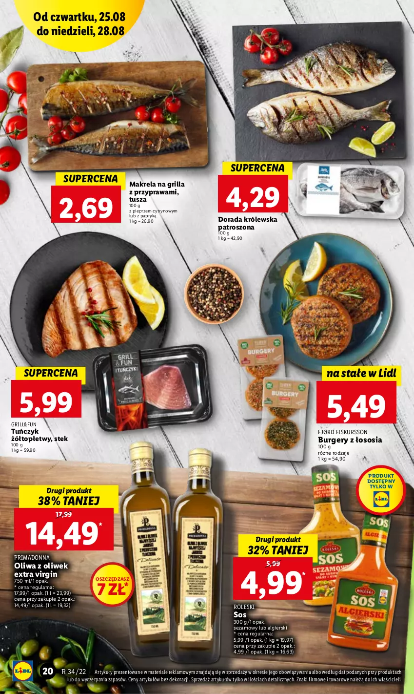 Gazetka promocyjna Lidl - GAZETKA - ważna 25.08 do 28.08.2022 - strona 20 - produkty: Burger, Gin, Grill, LG, Oliwa z oliwek, Pieprz, Prima, Sezam, Sos, Stek, Top, Tuńczyk, Tusz