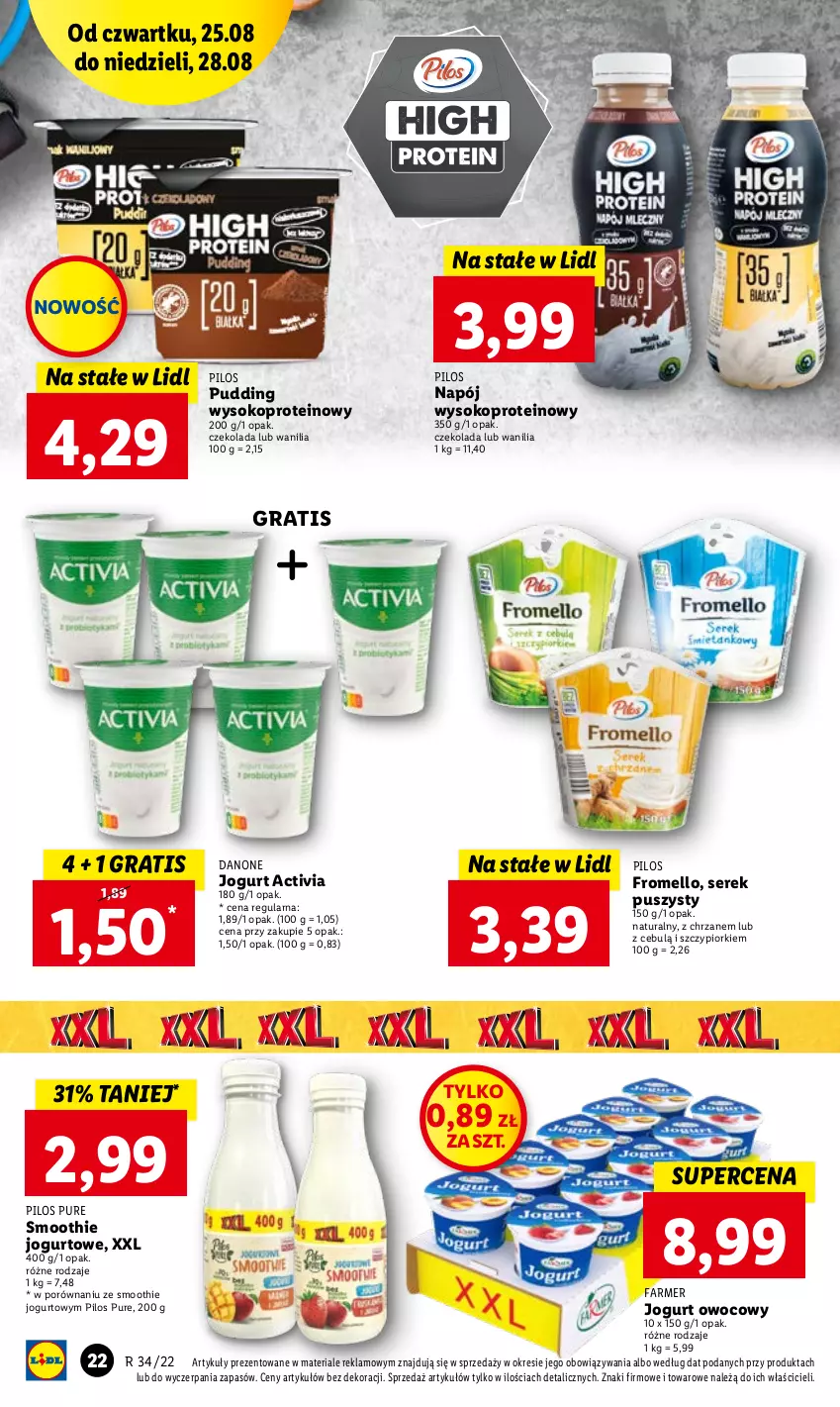 Gazetka promocyjna Lidl - GAZETKA - ważna 25.08 do 28.08.2022 - strona 22 - produkty: Activia, Chrzan, Czekolada, Danone, Fa, Gra, Jogurt, Jogurt owocowy, Napój, Pilos, Por, Pudding, Pur, Ser, Serek, Serek puszysty, Smoothie, Sok, Sport