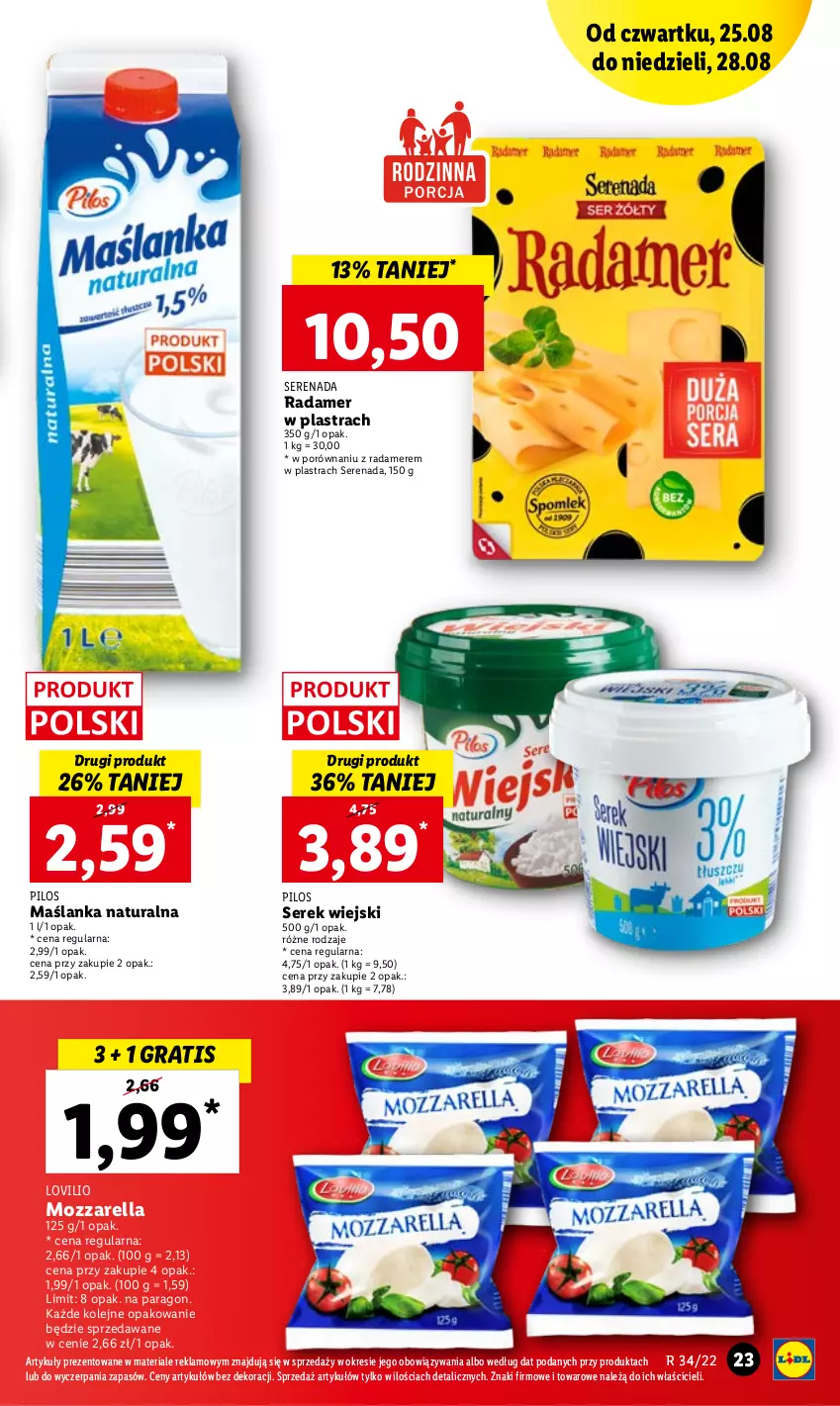 Gazetka promocyjna Lidl - GAZETKA - ważna 25.08 do 28.08.2022 - strona 23 - produkty: Gra, Lovi, Maślanka, Mozzarella, Olej, Pilos, Por, Radamer, Ser, Serek, Serek wiejski