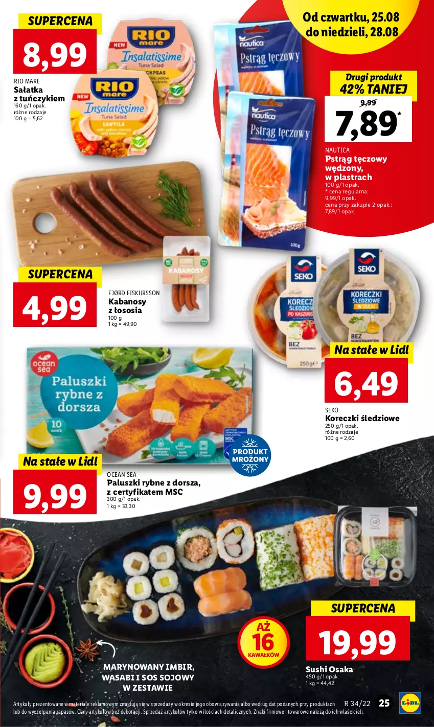 Gazetka promocyjna Lidl - GAZETKA - ważna 25.08 do 28.08.2022 - strona 25 - produkty: Dorsz, Imbir, Kabanos, Kawa, Koreczki śledziowe, Paluszki rybne, Pstrąg, Pstrąg tęczowy, Rio Mare, Sałat, Sałatka, SEKO, Sos, Sos sojowy, Sushi, Tuńczyk, Wasa