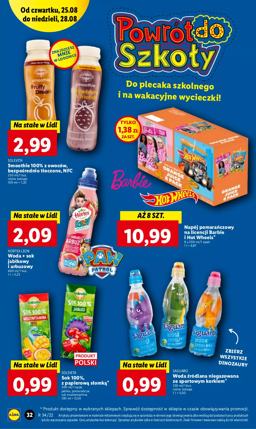 Gazetka promocyjna Lidl - GAZETKA - ważna 25.08 do 28.08.2022 - strona 32 - produkty: Arbuz, Barbie, Dinozaur, Hortex, Hot Wheels, LANA, Leon, Napój, Papier, Plecak, Por, Smoothie, Sok, Sok jabłkowy, Sport, Woda