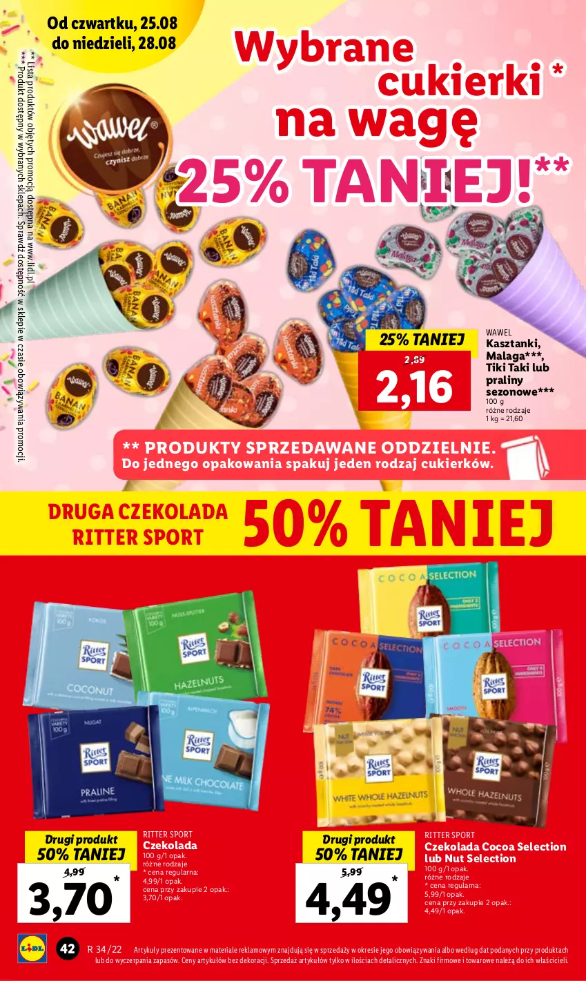 Gazetka promocyjna Lidl - GAZETKA - ważna 25.08 do 28.08.2022 - strona 42 - produkty: Cukier, Cukierki, Czekolada, Por, Praliny, Ritter Sport, Sport, Wawel