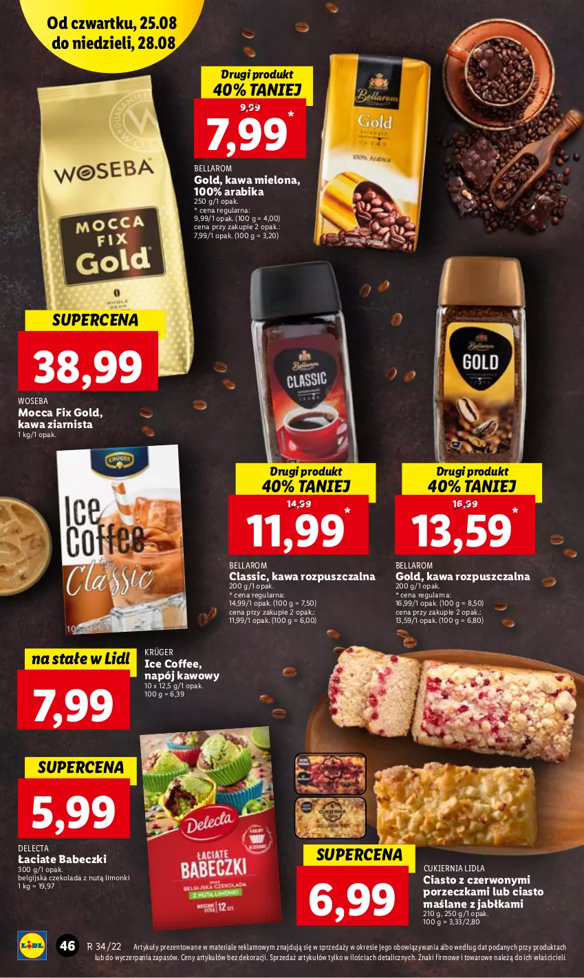 Gazetka promocyjna Lidl - GAZETKA - ważna 25.08 do 28.08.2022 - strona 46 - produkty: Babeczki, Bell, Bella, Cukier, Czekolada, Delecta, Jabłka, Kawa, Kawa mielona, Kawa rozpuszczalna, Kawa ziarnista, LG, Mocca Fix Gold, Napój, Por, Woseba