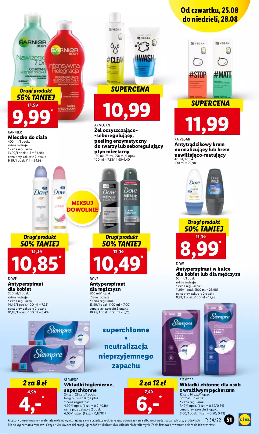 Gazetka promocyjna Lidl - GAZETKA - ważna 25.08 do 28.08.2022 - strona 51 - produkty: Antyperspirant, Dove, Garnier, Mleczko, Mleczko do ciała, Peeling, Płyn micelarny, Wkładki