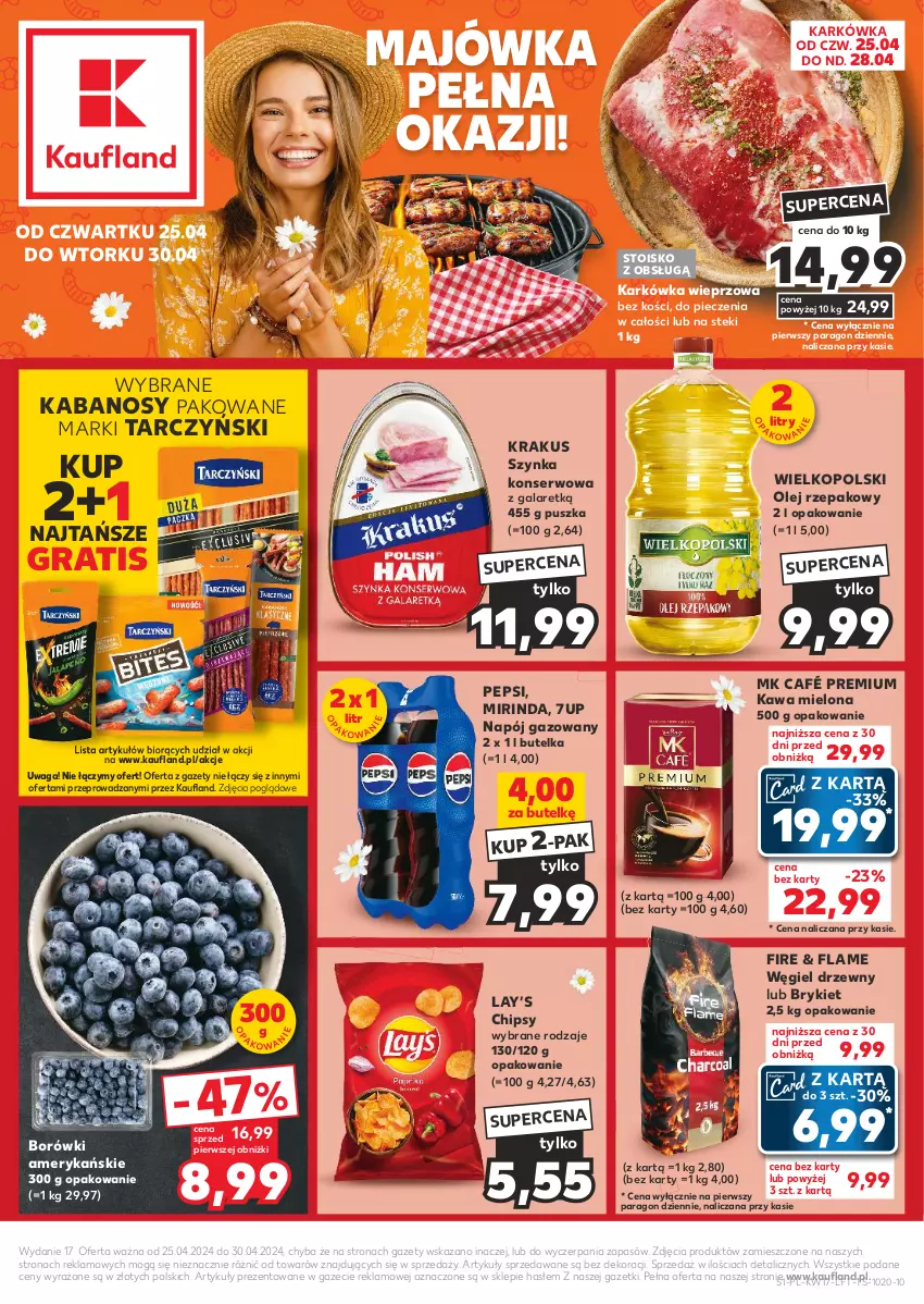 Gazetka promocyjna Kaufland - Gazetka tygodnia - ważna 25.04 do 30.04.2024 - strona 1 - produkty: 7up, Chipsy, Gala, Gra, Kabanos, Karkówka wieprzowa, Kawa, Kawa mielona, Krakus, Lay’s, Mirinda, Napój, Napój gazowany, Olej, Olej rzepakowy, Pepsi, Piec, Ser, Stek, Szynka, Szynka konserwowa, Tarczyński, Waga, Węgiel drzewny