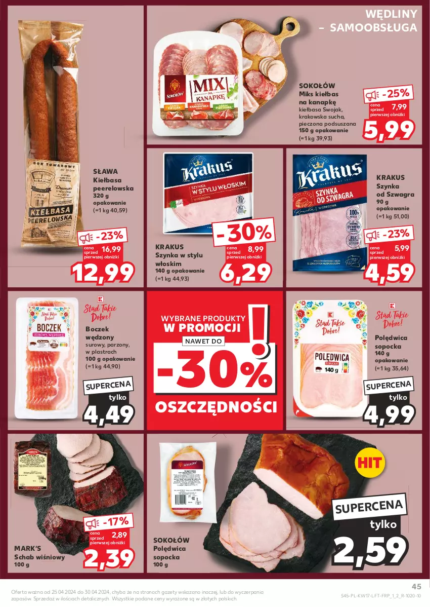 Gazetka promocyjna Kaufland - Gazetka tygodnia - ważna 25.04 do 30.04.2024 - strona 45 - produkty: Boczek, Gra, Kiełbasa, Krakus, Piec, Polędwica, Sok, Sokołów, Szynka