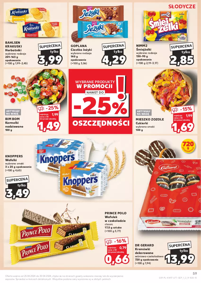 Gazetka promocyjna Kaufland - Gazetka tygodnia - ważna 25.04 do 30.04.2024 - strona 59 - produkty: Ciastka, Cukier, Cukierki, Dr Gerard, Goplana, Herbatniki, Jeżyki, Knoppers, Krakus, Krakuski, LANA, Nimm2, Prince Polo, Wafelek