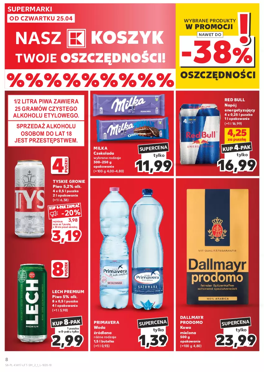 Gazetka promocyjna Kaufland - Gazetka tygodnia - ważna 25.04 do 30.04.2024 - strona 8 - produkty: Czekolada, Dallmayr, Gra, Kawa, Kawa mielona, Kosz, LANA, Lech Premium, Milka, Napój, Piwa, Piwo, Prima, Primavera, Red Bull, Tyskie, Woda