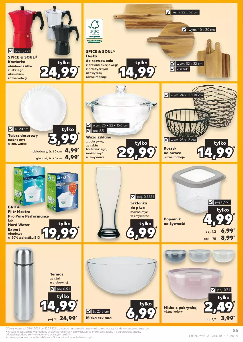 Gazetka promocyjna Kaufland - Gazetka tygodnia - ważna 25.04 do 30.04.2024 - strona 85 - produkty: Brit, Brita, Deser, Gra, Kawiarka, Kosz, LANA, Miska, Owoce, Piwa, Pojemnik, Pur, Ser, Sitko, Szklanka, Talerz, Talerz deserowy, Termos