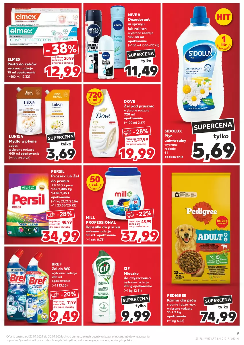 Gazetka promocyjna Kaufland - Gazetka tygodnia - ważna 25.04 do 30.04.2024 - strona 9 - produkty: Bref, Cif, Dezodorant, Dove, Elmex, Kapsułki do prania, Luksja, Mleczko, Mydło, Mydło w płynie, Nivea, Pasta do zębów, Pedigree, Persil, Sidolux