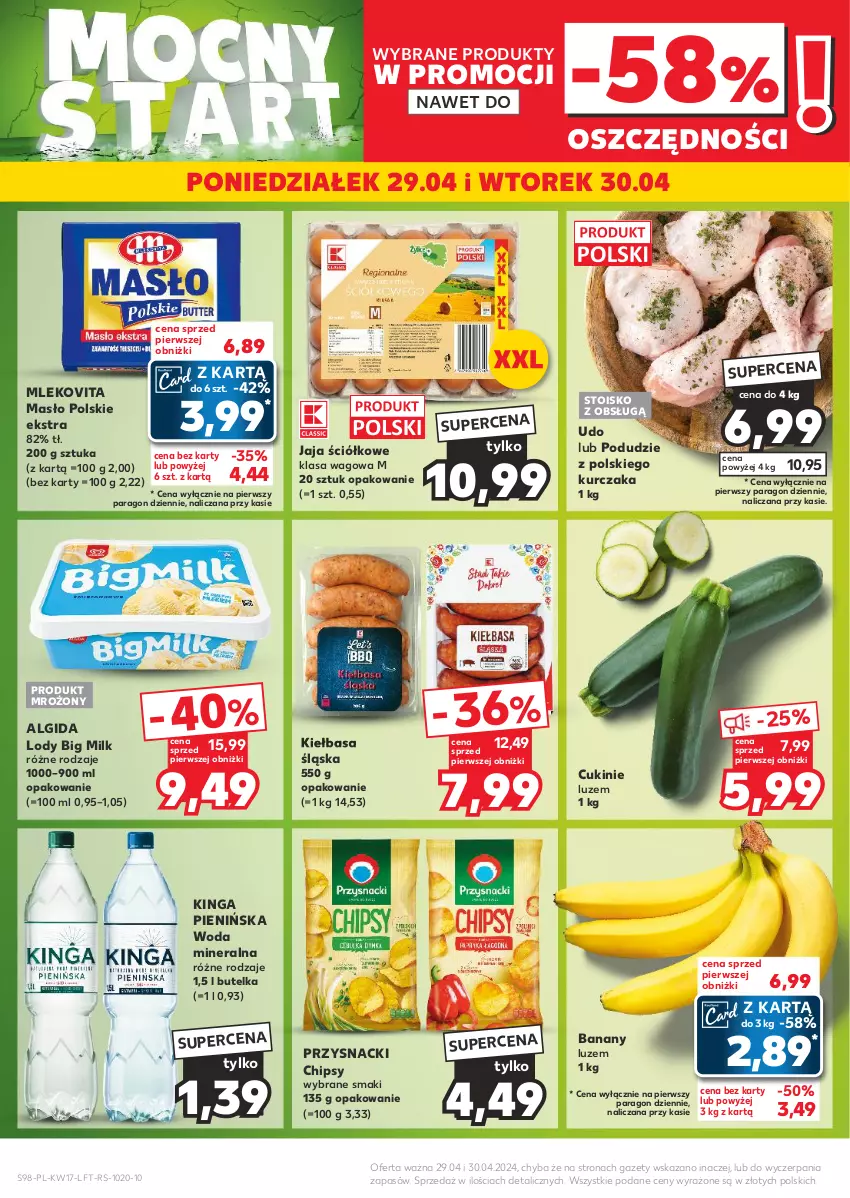 Gazetka promocyjna Kaufland - Gazetka tygodnia - ważna 25.04 do 30.04.2024 - strona 98 - produkty: Algida, Banany, Big Milk, Chipsy, Jaja, Kiełbasa, Kiełbasa śląska, Kurczak, LG, Lody, Masło, Mleko, Mlekovita, Przysnacki, Woda, Woda mineralna