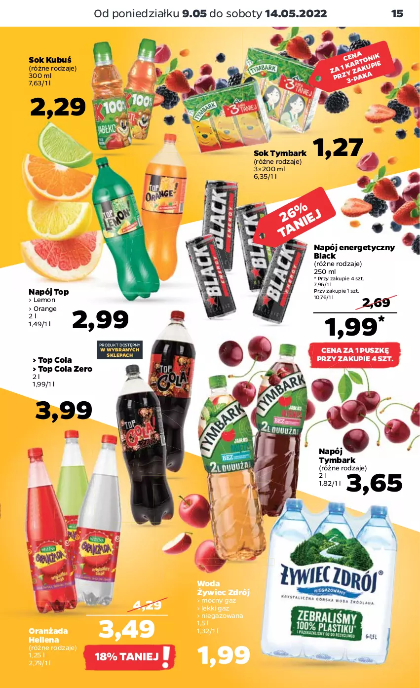 Gazetka promocyjna Netto - Gazetka spożywcza - ważna 09.05 do 14.05.2022 - strona 15 - produkty: Hellena, Kubuś, Lack, Napój, Napój energetyczny, Oranżada, Sok, Tonik, Top, Tymbark, Woda