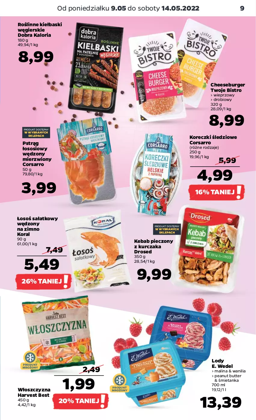 Gazetka promocyjna Netto - Gazetka spożywcza - ważna 09.05 do 14.05.2022 - strona 9 - produkty: Burger, E. Wedel, Kebab, Koreczki śledziowe, Kurczak, Lody, Piec, Pstrąg, Pstrąg łososiowy, Roślinne kiełbaski, Sałat, Sos