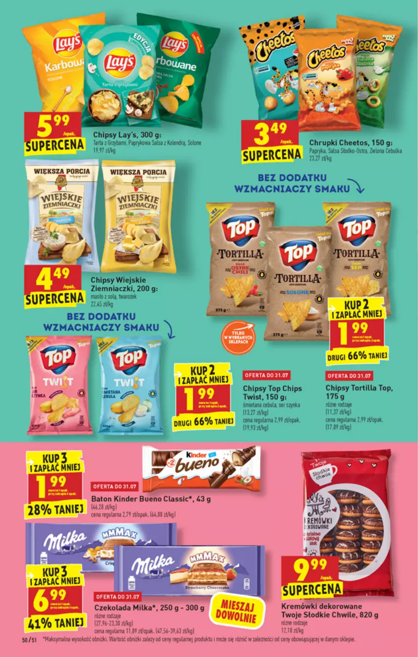 Gazetka promocyjna Biedronka - W tym tygodniu - ważna 29.07 do 04.08.2021 - strona 50 - produkty: Baton, Cebula, Cheetos, Chipsy, Chrupki, Czekolada, Fa, Kinder, Kinder Bueno, LG, Masło, Milka, Papryka, Por, Salsa, Sok, Top, Tortilla