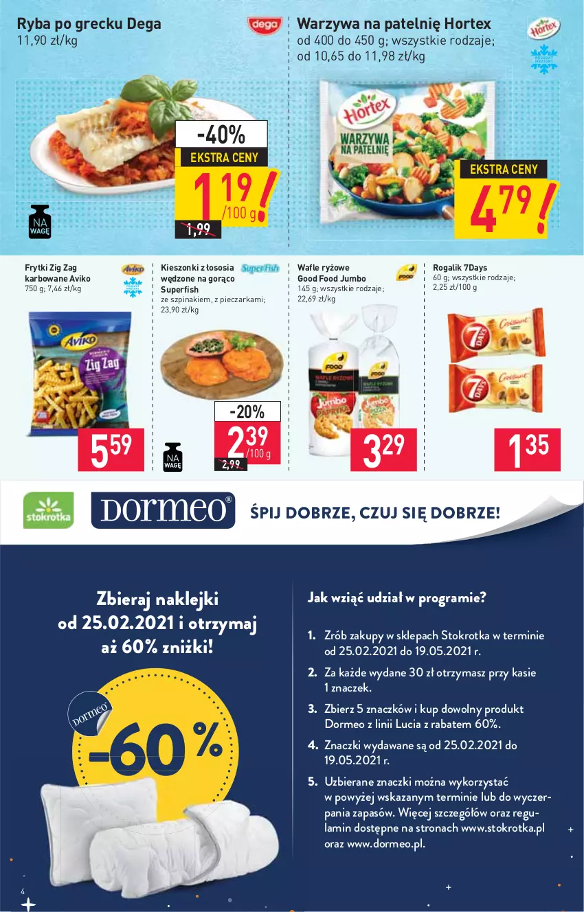 Gazetka promocyjna Stokrotka - Market - ważna 25.02 do 03.03.2021 - strona 4 - produkty: Dega, Frytki, Gra, Hortex, Klej, Piec, Pieczarka, Rogal, Ryba, Ryba po grecku, Ryż, Sos, Szpinak, Wafle, Warzywa